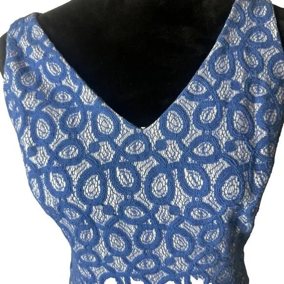 Nine West Women's Size 4 Blue White Lace Fit & Flare V-Neck Dress - Picture 2 of 7